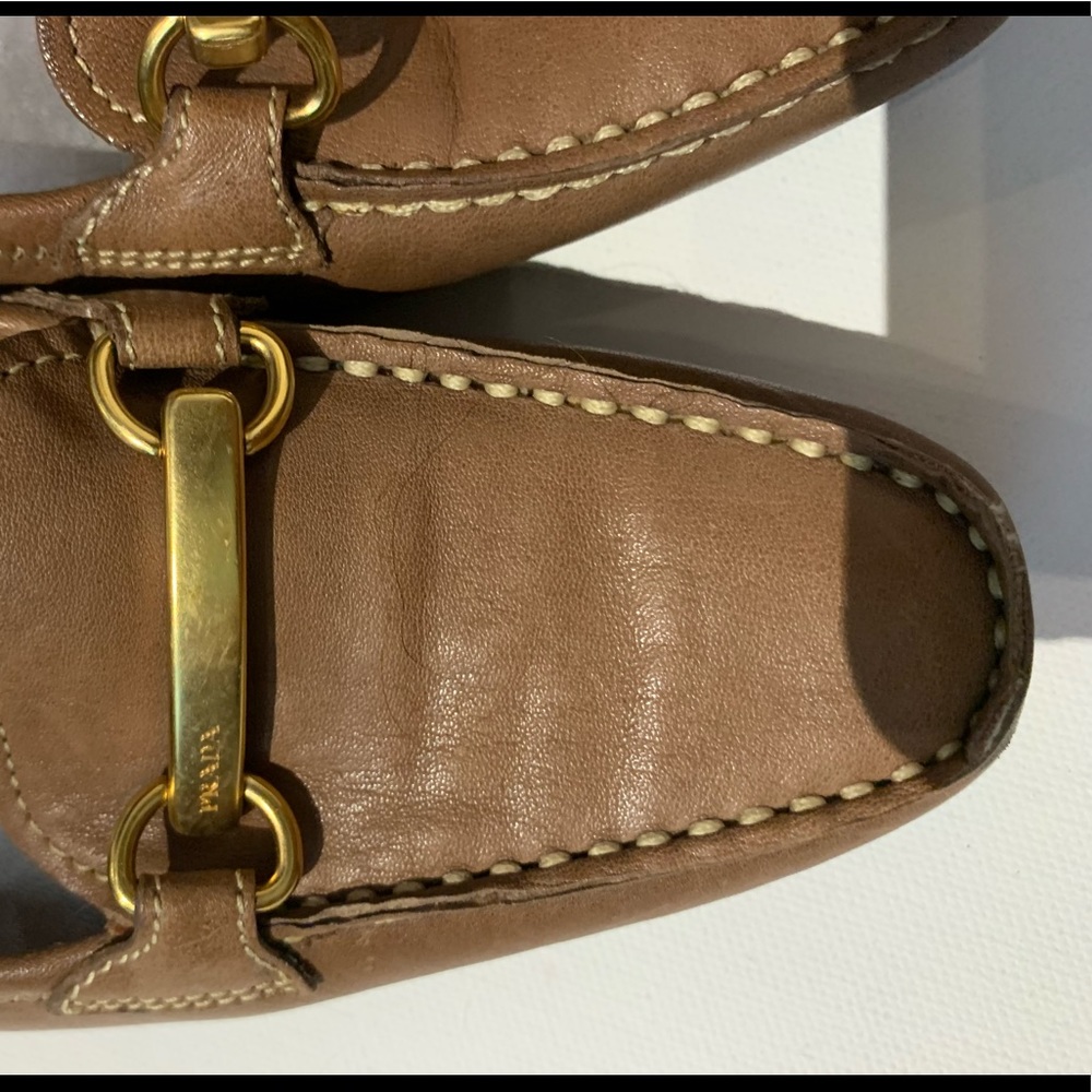 Prada Brown Leather Moccasin Loafers with Gold Hardware